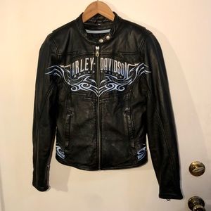 X-SMALL Harley Davidson Women's Leather Jacket - Blue/Gray embellishments